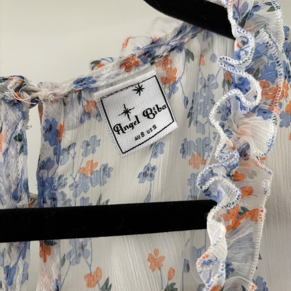 Women's Small Angel Biba White Floral Ruffle Mini Dress open back long sleeve - Picture 6 of 9